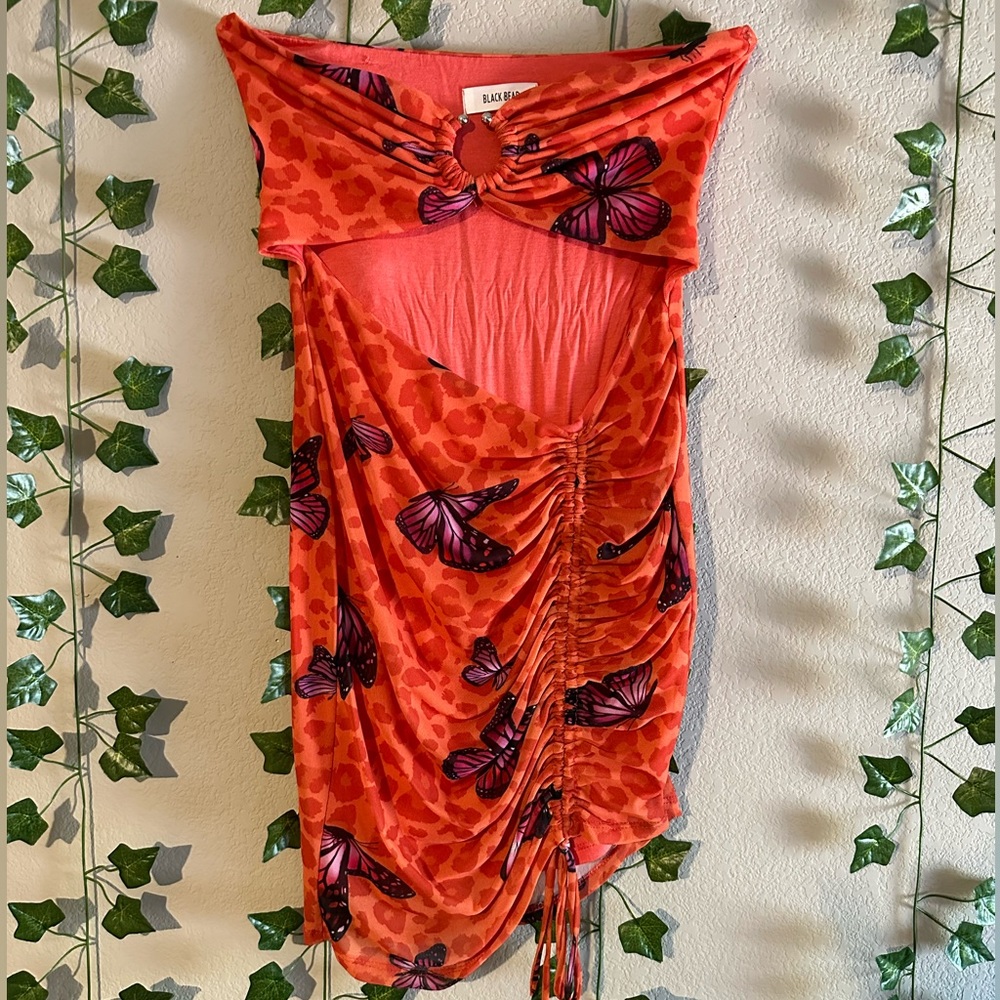 Black Bead coral butterfly mini summer dress, size medium